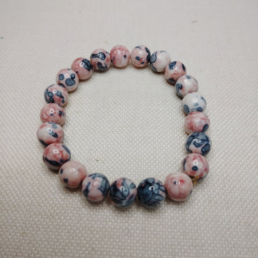 Rain Flower Jade Stretch Bracelet Pink Blue Marbled Stone Beads